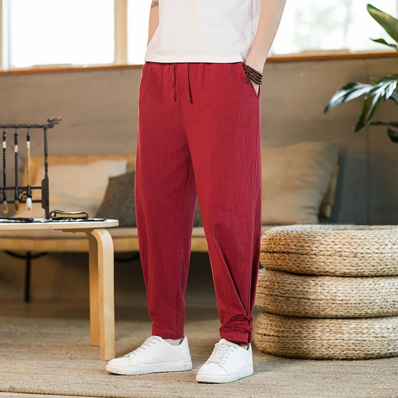 Harem Pants męskie modne spodnie wysokiej jakości męskie hip-hopowe bawełniane lniane spodnie ściągany sznurkiem w pasie kieszeń luźne spodnie ołówkowe Casual