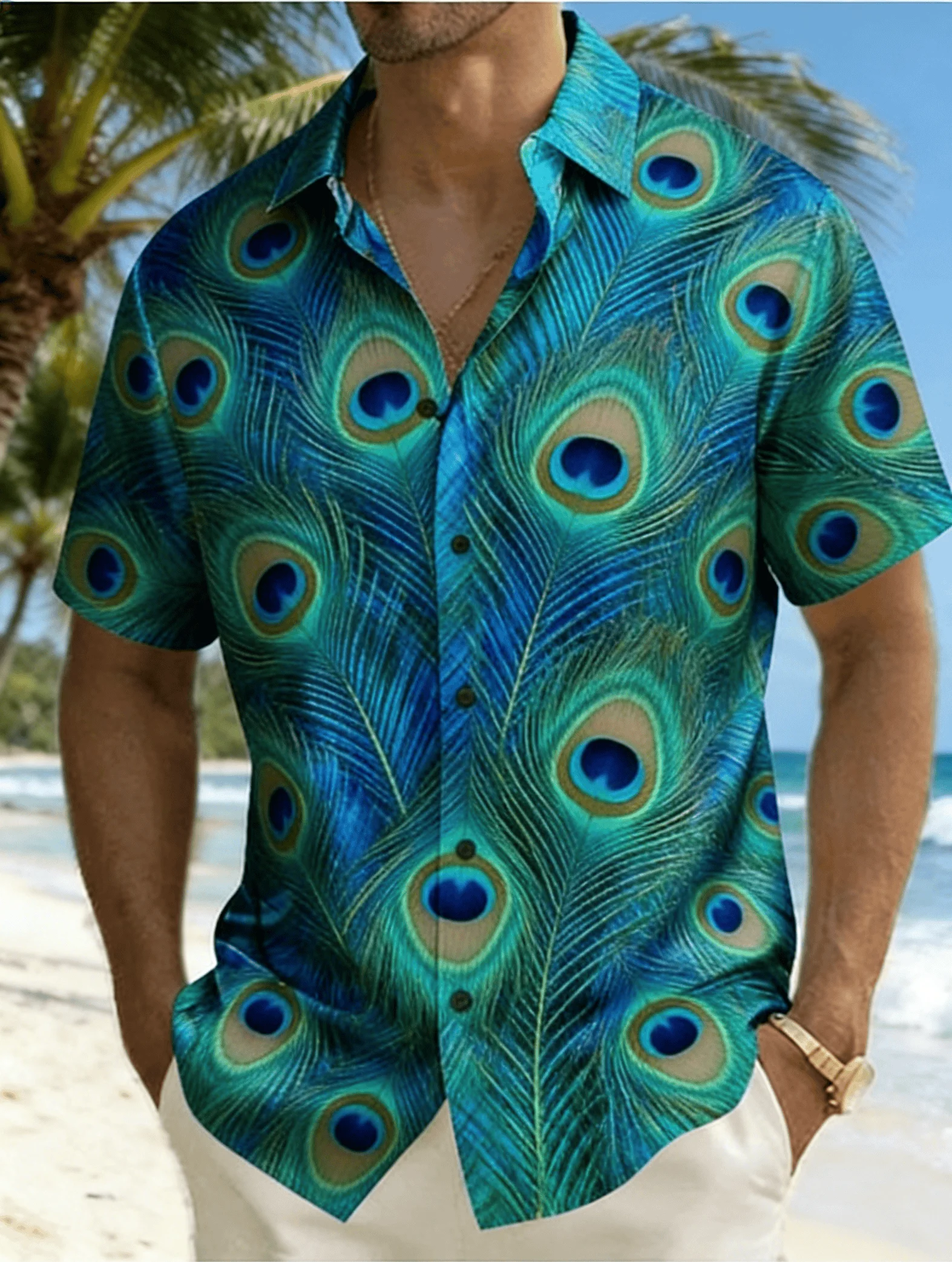 Men's Print Short Sleeve Shirt, Spring Summer Fresh Ocean Hawaiian Vacation Blouse, Loose Casual Top