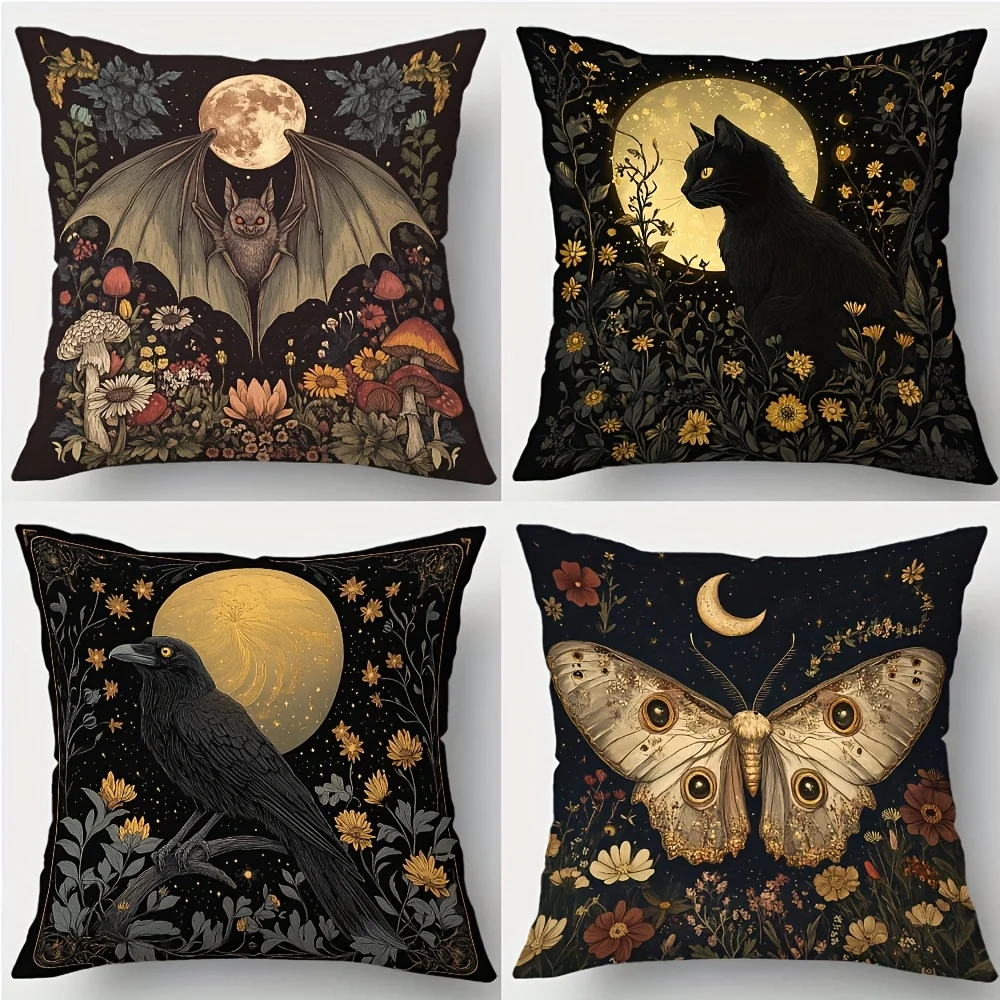 4-teiliges 2D-bedrucktes Kissenbezug-Set – Vintage-Stil mit Fledermäusen, schwarzen Katzen, Krähen, Motten und Vollmond