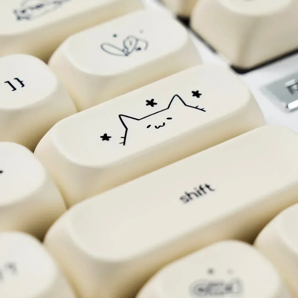 Milk White Kitten MOA Keycaps PBT 124 Keys Cute Kitten Dog Small Font for 60/84/98/108 Mechanical Keyboards