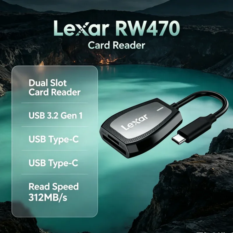 Lexar RW470 Card Reader 2-in-1 Type-C SD microSD UHS-II USB 3.2 Gen1 Dual Slot 312MB/s Read Speed for Card Data Transfer
