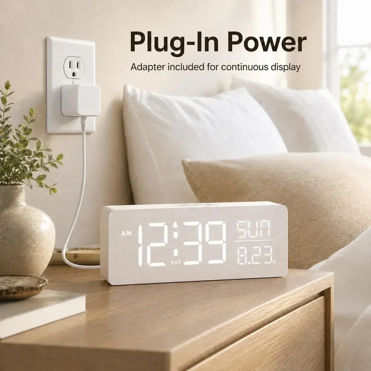 Peakeep Wooden Digital Alarm Clock Large Display, Textured Desk Table Decoration for Bedroom Living Room, Plug in Clock with Time Date Day, 5 Brightness, Auto DST