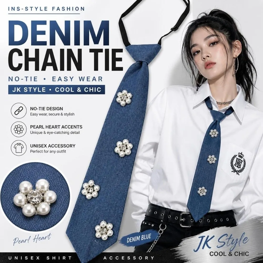 Cowboy Style Denim Pre Tied Necktie Beaded Adjustable Denim Chain Necktie Jewelry Accessories Elastic Strap Denim Pearl Necktie