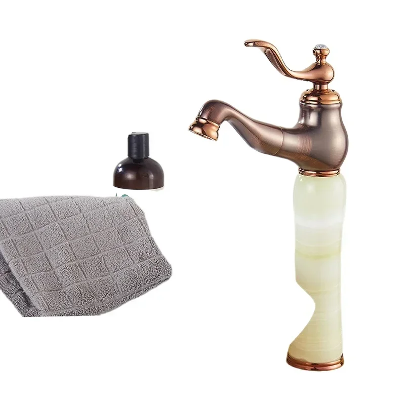 

Brown ancient all-copper topaz raised platform basin hot and cold pumping faucet European rose gold ORB universal faucet