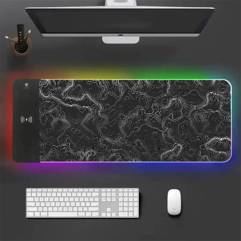 

15W Mousepad Texture Gamer Keyboard Black White Lines Mouse Pad with Backlight Wireless Charger Mice Keyboards Accessories Art