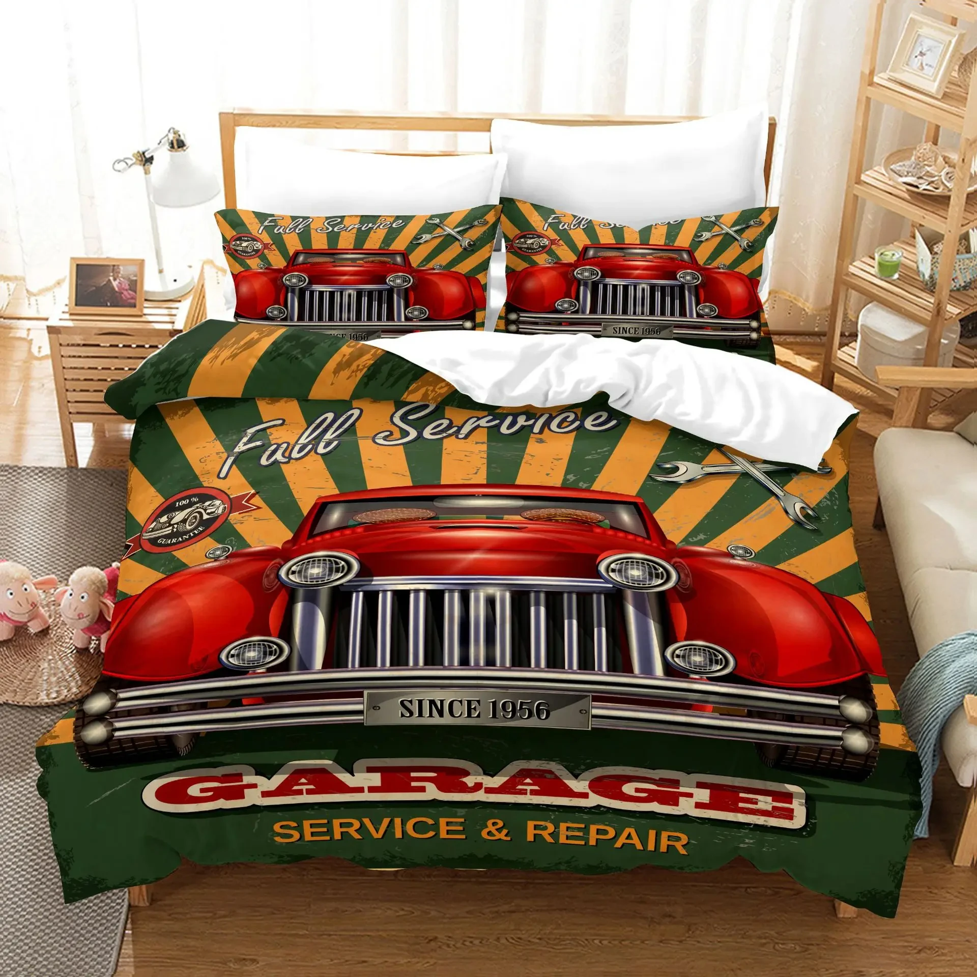 

Cars Duvet Cover Traditional Old Car Race Nostalgic American Car Bedding Set Classic Cars Polyester Quilt Cover for Boys Teens