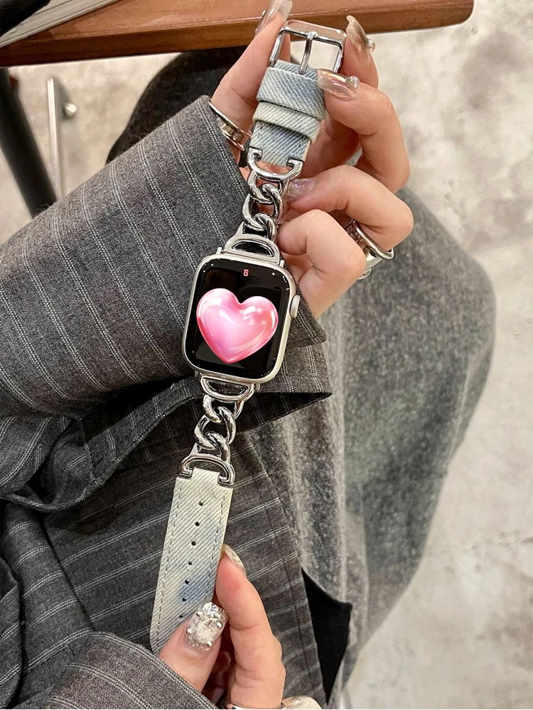 Cinturino in acciaio inossidabile di lusso per iWatch Ultra 9 8 7 SE 6 5 cinturino in Denim lavabile per Apple Watch 38MM 40MM 42MM 45MM 49MM