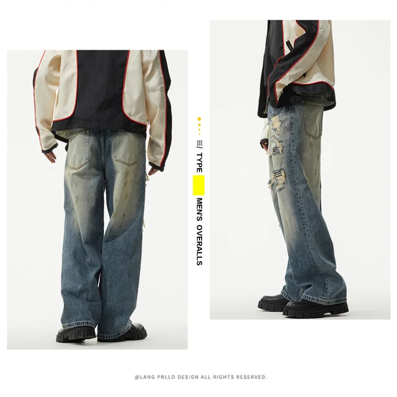 Fall new broken holes patch patch men's jeans fashion loose large straight washed trend dirty pants men's models pants