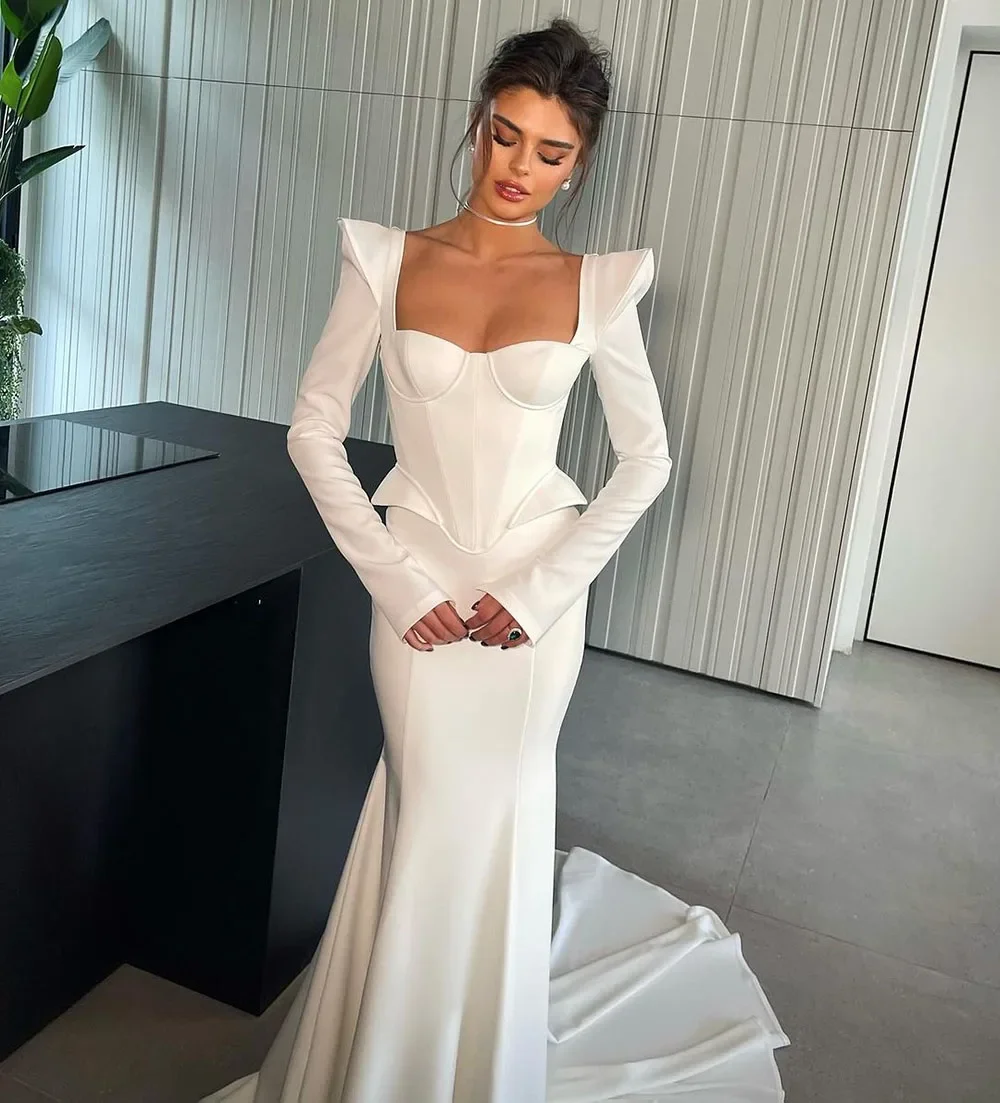 

Fnoexw Satin Wedding Dresses Long Sleeves Corset Bridal Gowns Arabic Square Neck Brides Dress Custom Made Robe De Mariee 2024