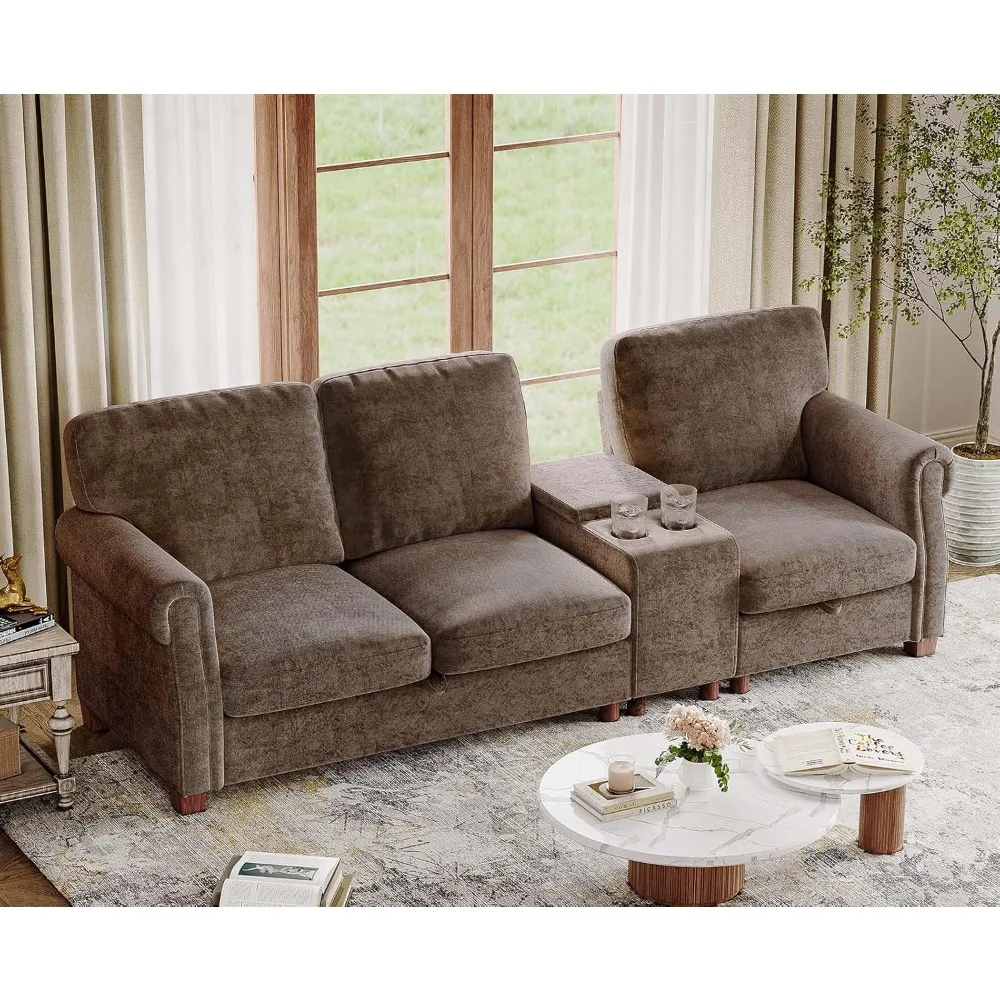 

Modular Sectional Sofa with Storage Seats & 2 Cup Holders, Comfy 3-Seater Chenille Fabric Couch，Brown，Living Room Sofas