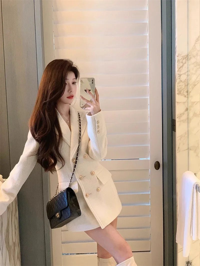 Elegant Women's Double-breasted Suit Jacket 2024 Autumn and Winter Waist Slim-fit Woolen Coat Mid-length Office Lady Suit Top