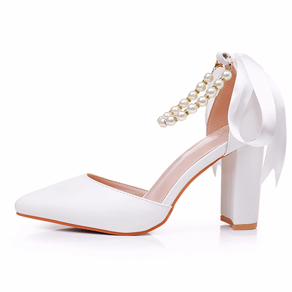 

Fashion White Bridal wedding shoes Women Thick Heel Pointed Toe Female Ladies Party Shoe Ankle Strap Buckle Autumn Ladies Shoe