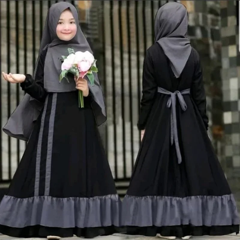 2pcs Muslim Kids Girls Hijab Maxi Dresses Set Khimar Gowns Islamic Prayer Abaya Burqa Long Robe Eid Ramadan Clothing Niqab Gown