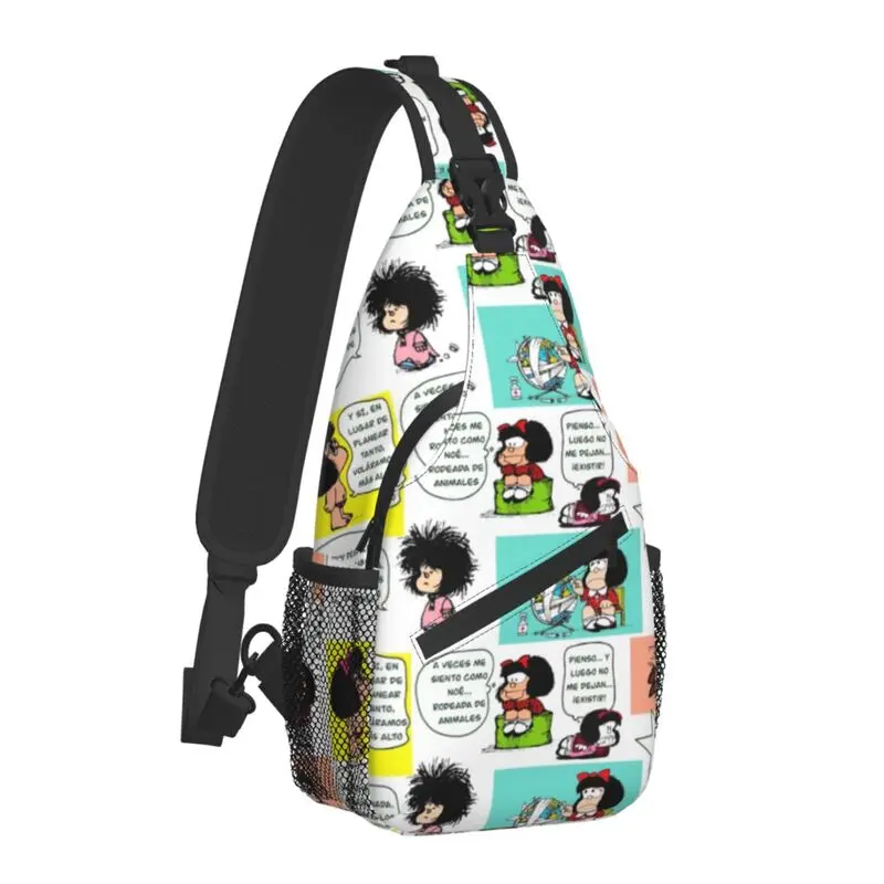 Mochila cruzada informal de Manga Quino Mafalda para hombres, bolsos de pecho de hombro de dibujos animados Kawaii para viajar