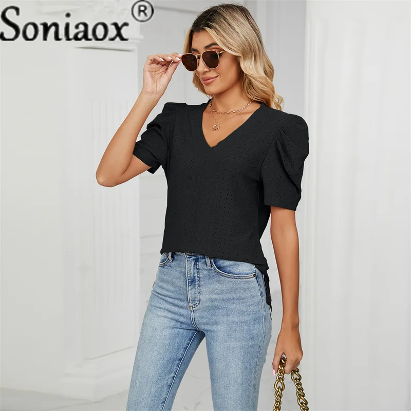 Women's Pleated Bubble Sleeve T-Shirt 2023 Summer New V-neck Refreshing Breathable Tops Female Elegant Cotton Street Casual Tees