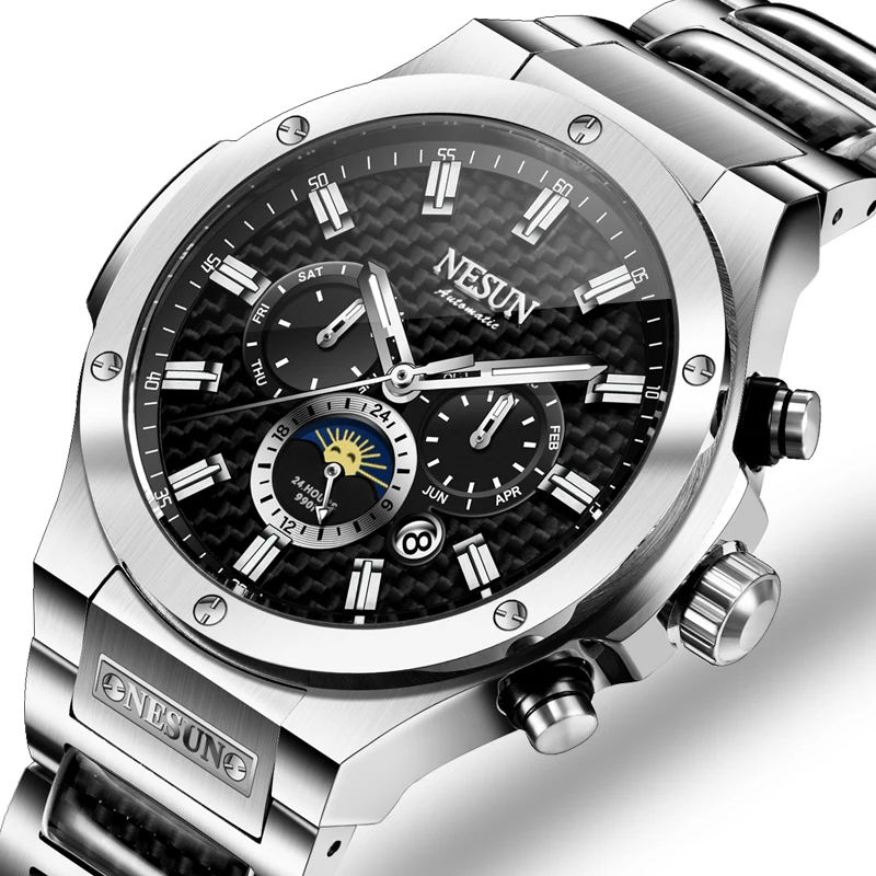 NESUN men's automatic mechanical watch, luminous fashion skeleton flywheel men's watch, calendar and day function