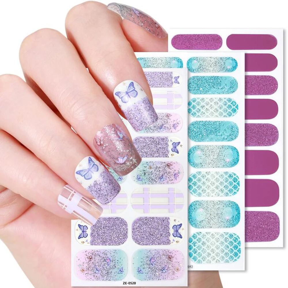 Nail Art Stickers Glitter Nail Polish Press On Nails Full Cover Adhesive Nail Wraps DIY Manicure Decal Decorations False Nails