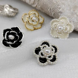 18/23mm Camellia Buttons For Knitting Luxury Declor Fashion Pearl Beaded Black White Metal Shank Button Sewing Accessories DIY