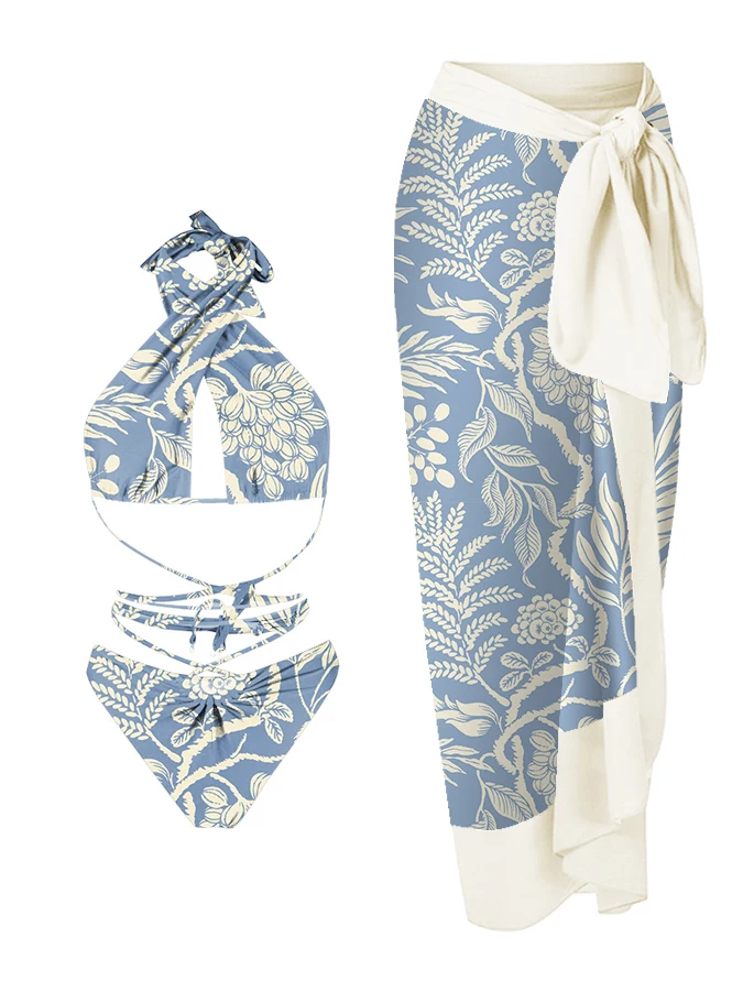 

Light Blue Floral Print Women's Bikini And Covered Lace-Up Halterneck Stylish Swimsuit Elegant Luxury Design Resort Dress