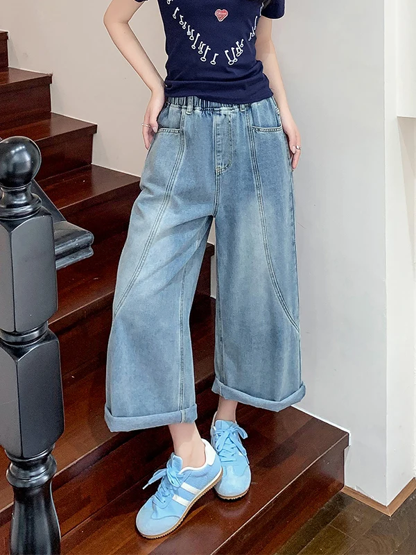 Authentic High Waist Loose Fit Denim Jeans Nine Points Wide Leg Pants Conceal Flattering plus Size Women Casual Trousers