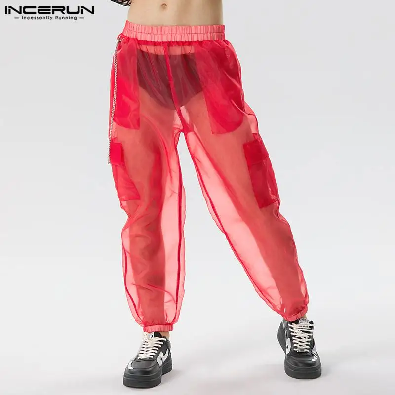 

INCERUN 2023 American Style Trousers Mens Party Shows Hot Sale Long Pants Sexy Solid Color See-through Mesh Thin Pantalons S-5XL