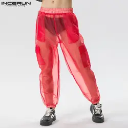 INCERUN-Pantalones largos de estilo americano para hombre, calzas sexys de malla transparente, Color sólido, S-5XL, gran oferta, 2023