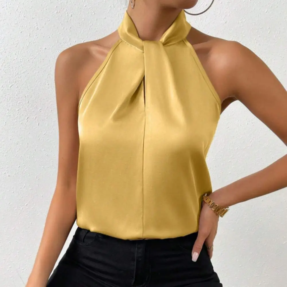 Women Halter Neck Vest Sleeveless Loose Fit Blouse Solid Satin Tank Tops Imitation Silk Party Office Vest Workwear Tank Shirt