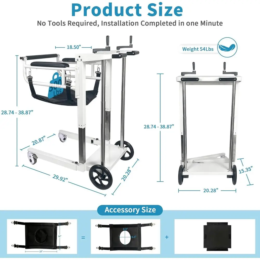 كرسي رفع منتقلي كبير بارتفاع قابل للتعديل، مساعد على التنقل ذاتي التشغيل، سعة 300 رطل، سبائك فولاذية بيضاء