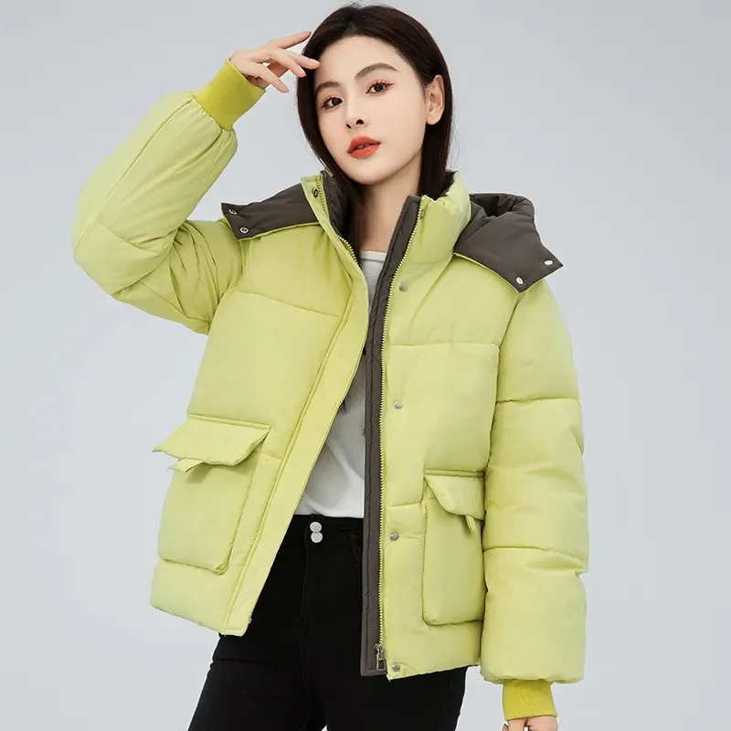 

Korean Down Jacket Women's Parkas 2025 Winter New Bread Outcoat Thicken Warm Cotton Padded Coat Short Hooded Outwear Female Tops