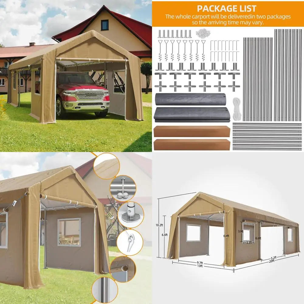 

13x20ft heavy duty carport outdoor canopy portable garage with 4 doors & 4 windows waterproof uv resistant storage shelter with