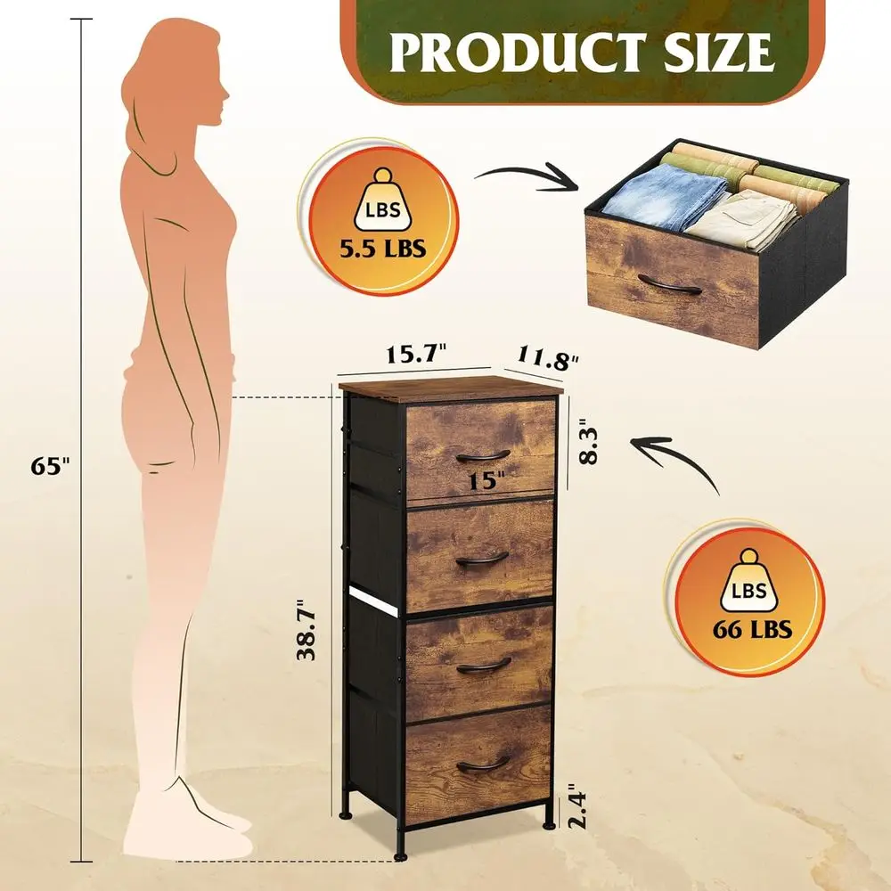 4-Tier Metal Storage Rack with Wooden Top, Rustic Brown, Perfect for Bedroom, Hallway, and Closets