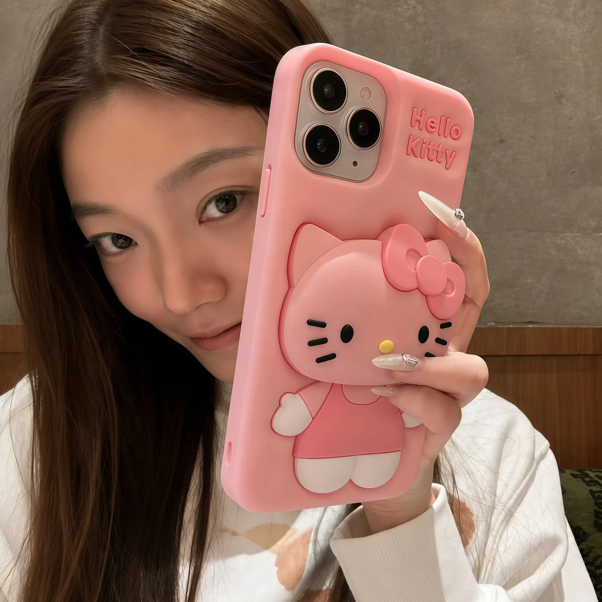 Cute Hello Kitty Phone Case For iPhone 12 13 14 15 16 17 Pro Max Plus with Retractable Head Bracket Soft Silicone 3D Back Cover