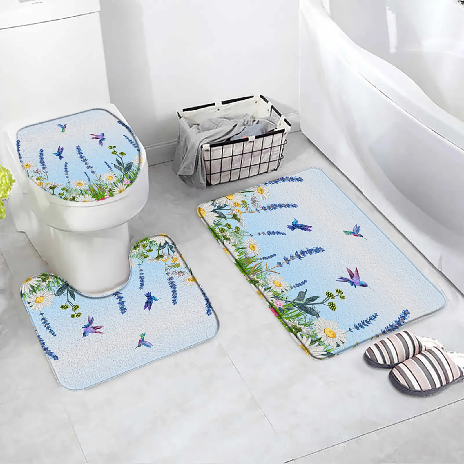 Yellow Sunflower Bath Mats 3pcs Set Natural Flowers Plant Black Bathroom Decor Flannel Carpet Door Rug Anti-Slip Toilet Lid Mat