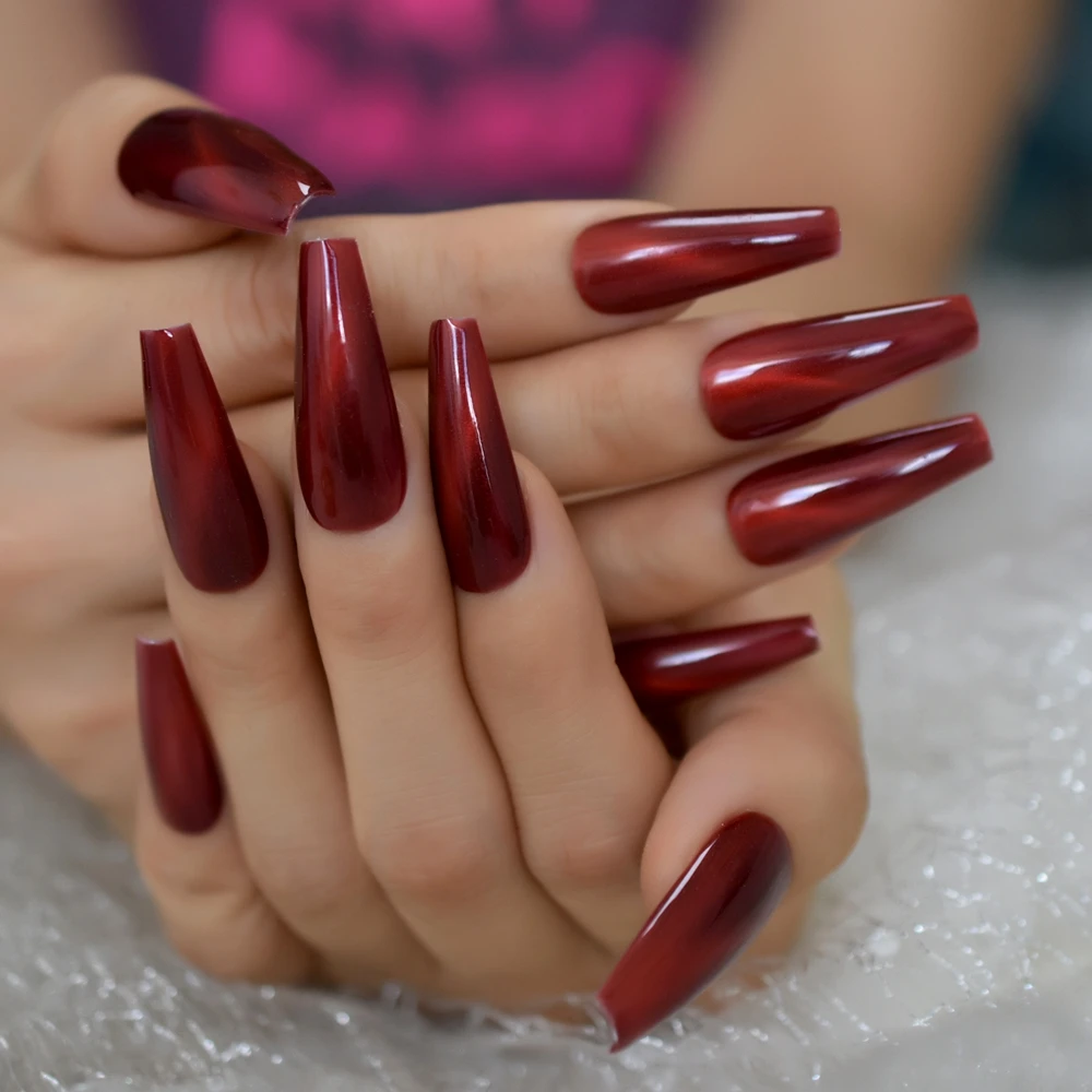 Coffin Red Fake Nails Extra Long Tapered Cat Eye GelNail Handpainted Thick Galaxry Press On Nail 20 CT