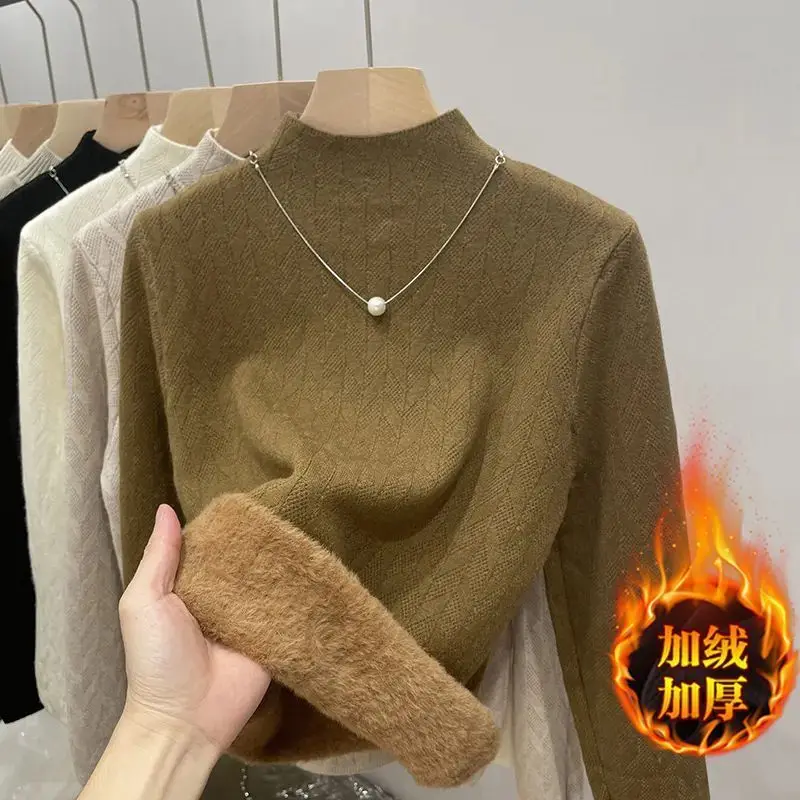 Suéter para mujer, invierno, forro de terciopelo de felpa, grueso, medio cuello alto, jersey de rayas Jacquard agradable para la piel, Tops térmicos, suéter