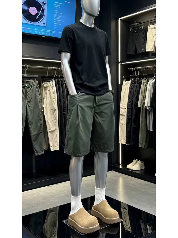 Green Pure Cotton Workwear Shorts Men's Summer American Retro Pleated Loose Casual Five-Sixths Pants Straight Leg