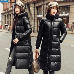 Parkas com capuz longo feminino, jaqueta de algodão, casacos quentes de inverno, sobretudos femininos finos, roupa preta, novo, 2022