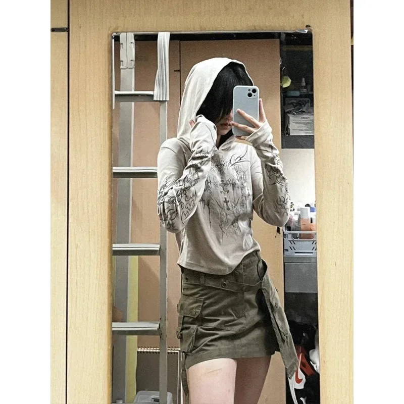 Y2k Subculture Long Sleeve Hoodies with Hooded Women Grunge Top Spring 2024 Autumn Short Basic Fashion Vintage Sweatshirts