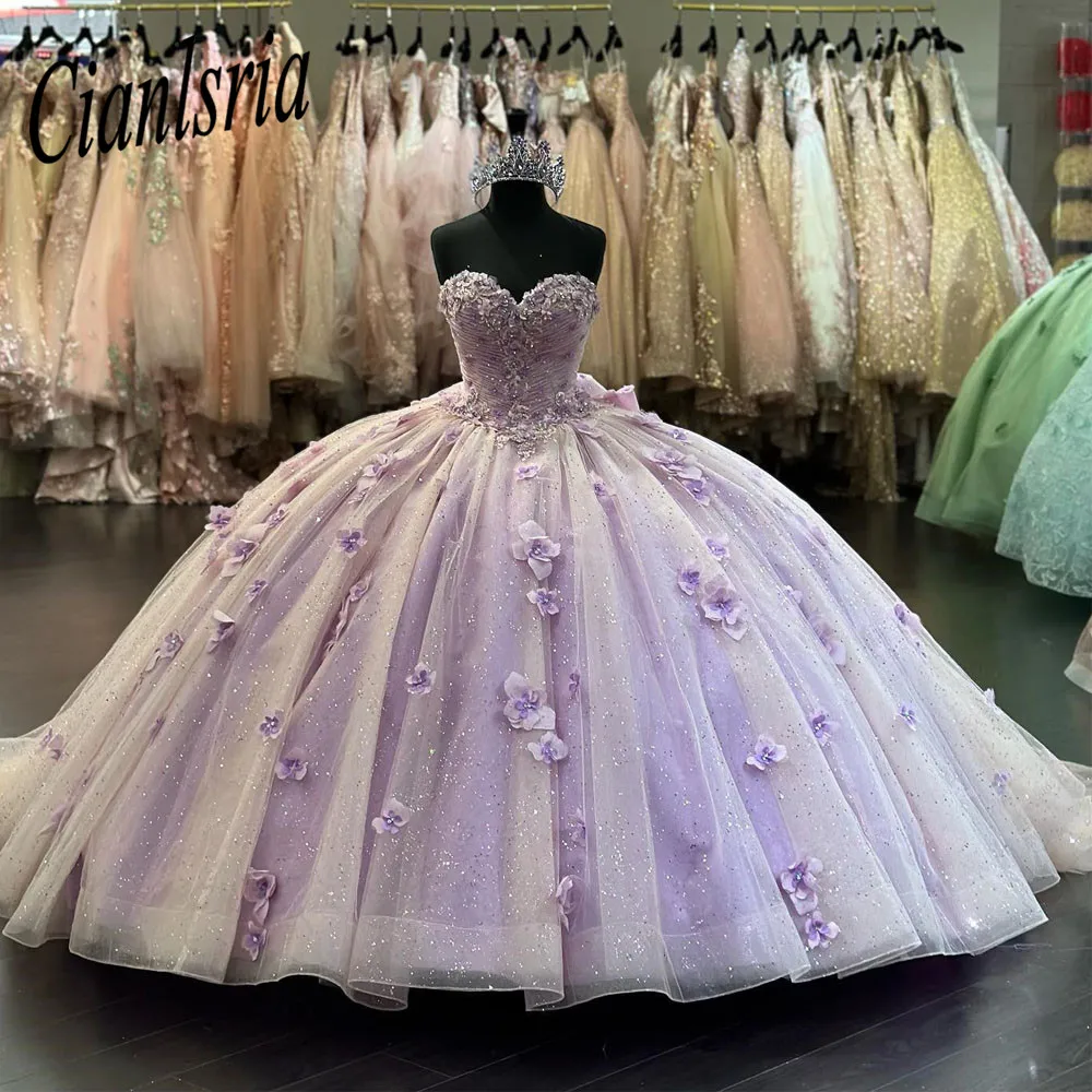 Lilac Puffy mangas vestido de baile Vestidos Quinceanera Vestidos De 15 Anos Quinceañeras Com Apliques 3D