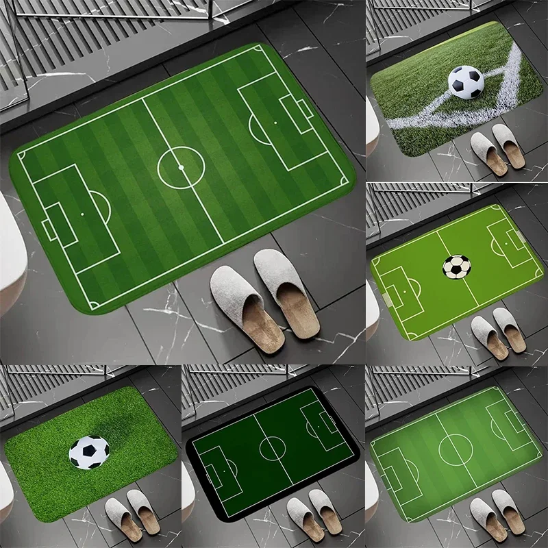 Soccer Field Pattern Door Mat Football Stadium Design Rug, Non Slip Sports Themed Floor Mat for Home Bathroom and Bedroom Decor