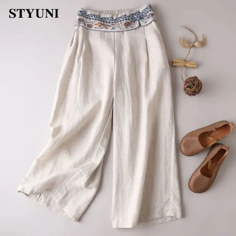 Embroidery Casual Solid Elastic High Waist Women's Pants 2022 Wide-Leg Cotton Linen Korean Fashion Ankle-Length Pants For Women