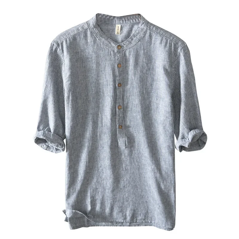 

Three quarter sleeve cotton linen striped stand collar casual shirt Deep V-neck linen medium sleeve Chinoiserie loose shirt