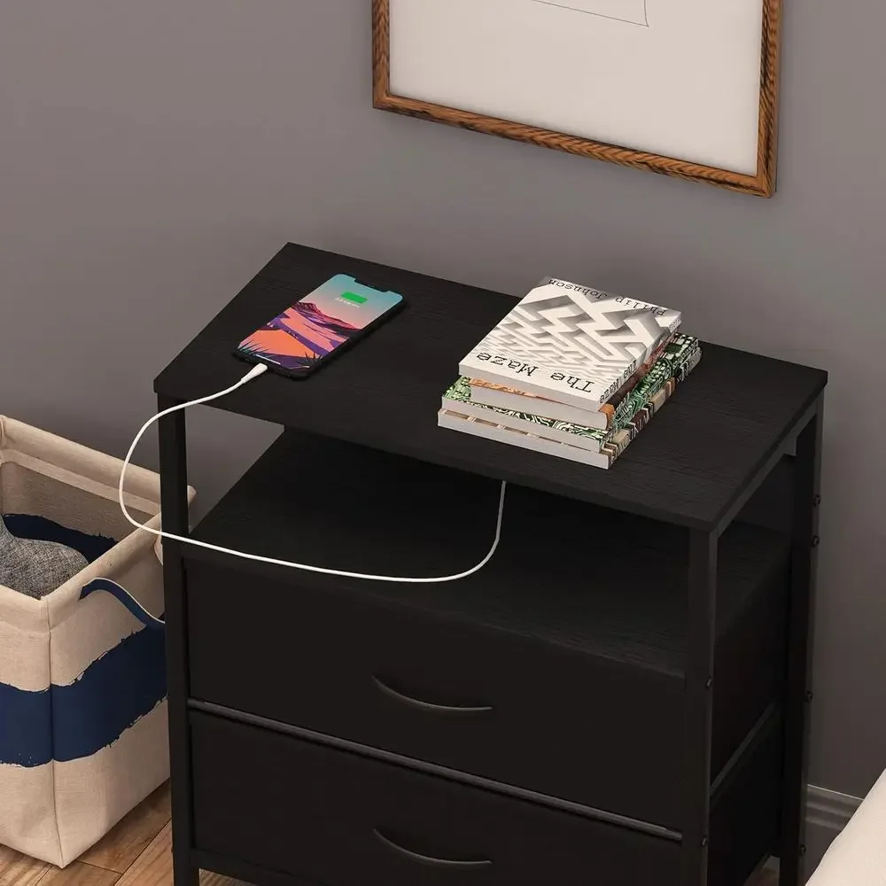End Table with Charging Station & USB Ports, Rustic Nightstand with abric Ders and Storage Shel, Soa Bed Side Table, Narrow Entr