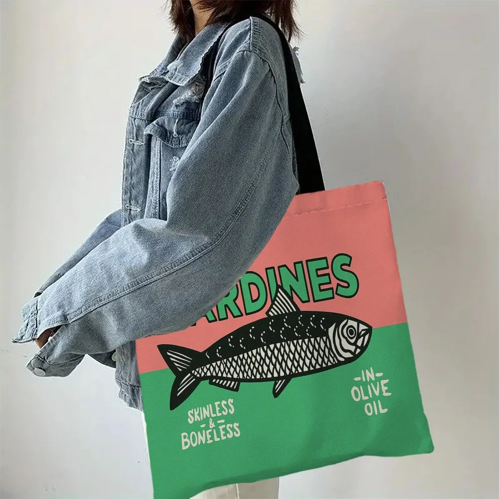 Bunte, trendige Sardinen-Druck-Freizeithandtasche, wiederverwendbarer modischer Rucksack, multifunktionale Einkaufstasche, Polyester-Einkaufstasche – Detail 22