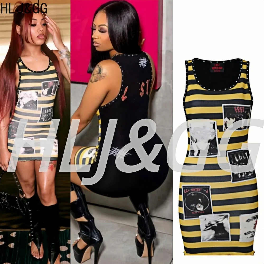 HLJ&GG – Mini robes moulantes sexy pour femmes, imprimé lettres, col rond, sans manches, style slim, mode club, streetwear