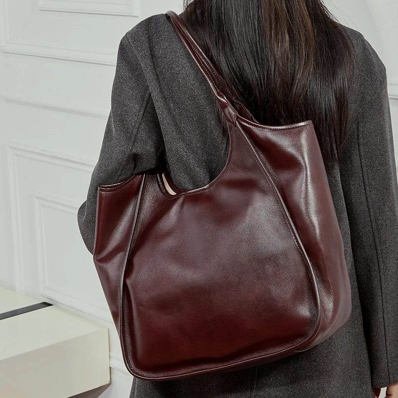 

Burminsa Vintage Cowhide Genuine Leather Large Tote Handbags For Women 2025 Luxury Designer Shopper Work Underarm Shoulder Bags