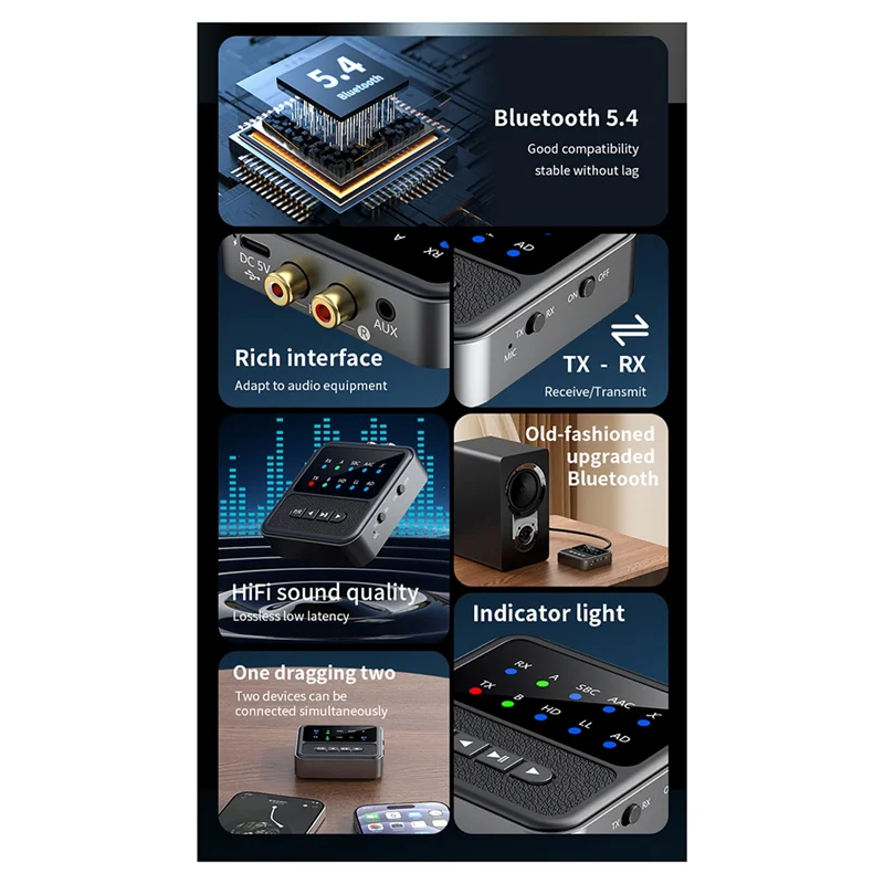 JABS-QCC 5.4 블루투스 어댑터 2In1 오디오 송신기 수신기 3.5MM 항공기 호환 가능
