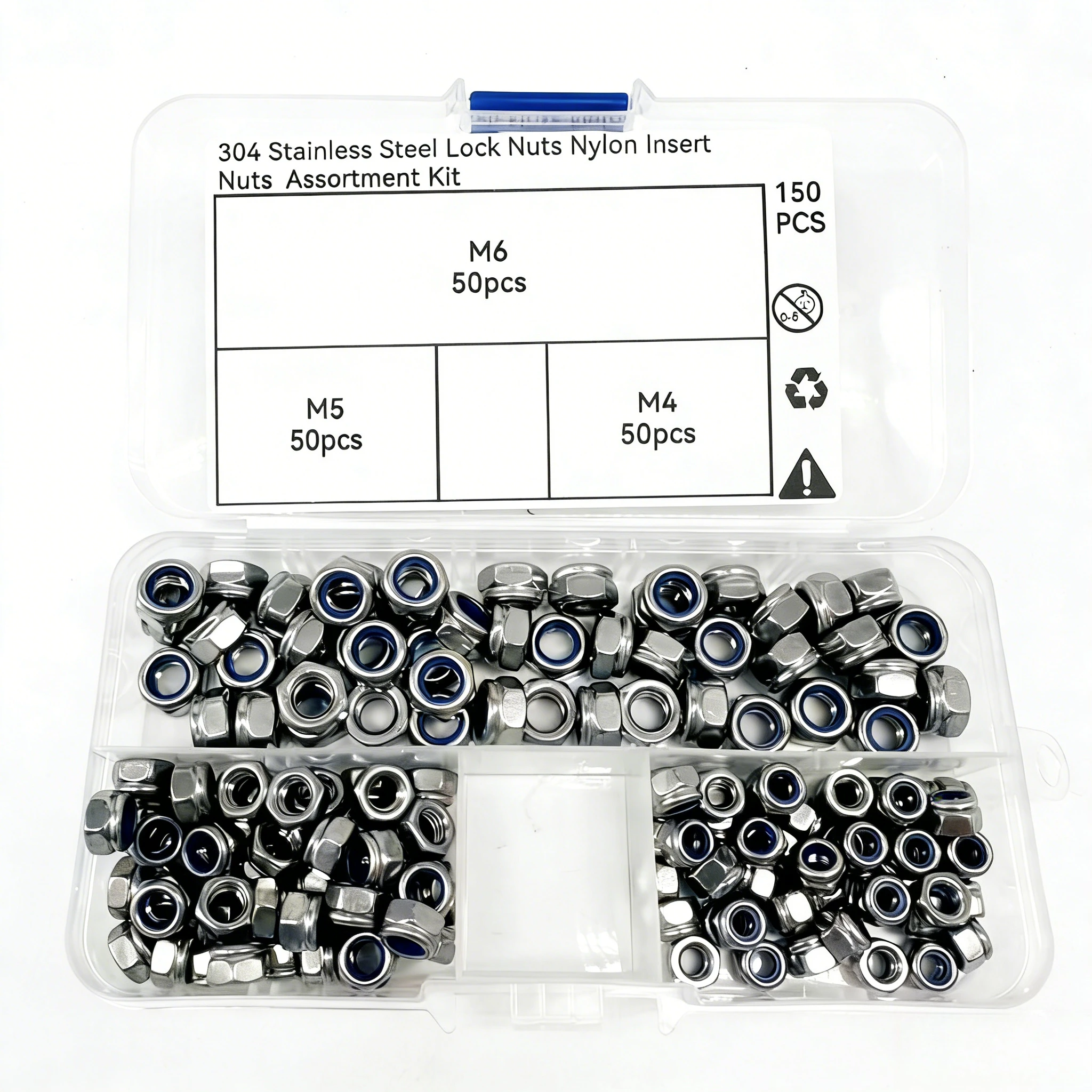 150PCS Stainless Steel Nylon Insert Lock Nuts M4 M5 M6 Hex Anti Slip Self Locking Nuts Assortment Kit