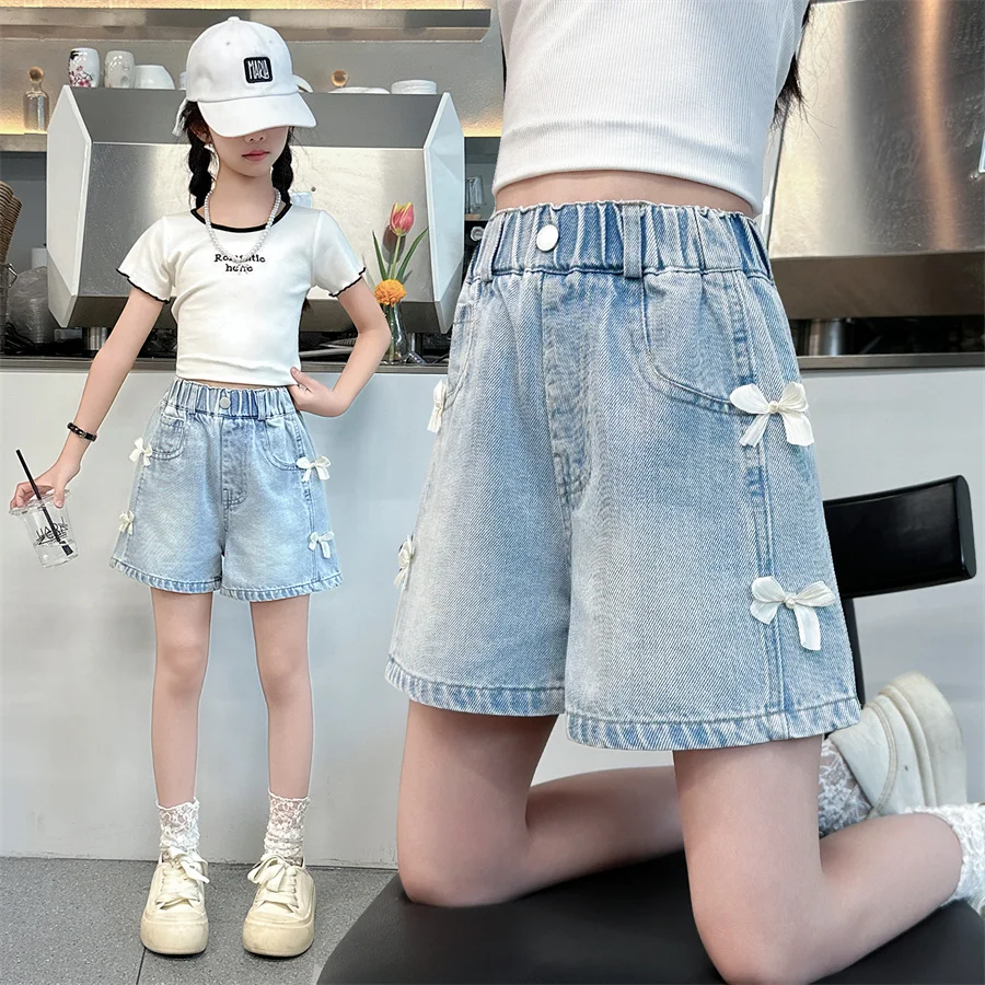 

New Design Kids Summer Denim Shorts with Bow for Tween Girls Streetwear Bottoms Children Fashion Mini Jeans Shorts Age 5 To 14 Y