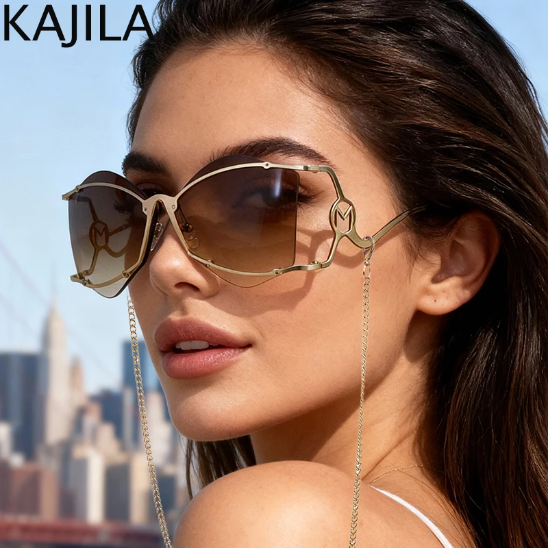 

Oversized Irregular Rimless Punk Shiled Sunglasses Women 2025 Luxury Brand Metal Frame Travelling Sun Glasses For Ladies UV400